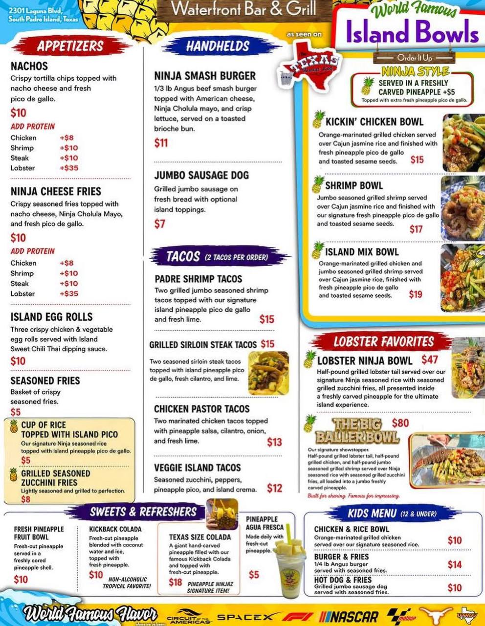 Pineapple Ninjaz World Famous Island Bowls full menu — appetizers, handhelds, tacos, island bowls, lobster favorites, sweets & refreshers, and kids menu with prices